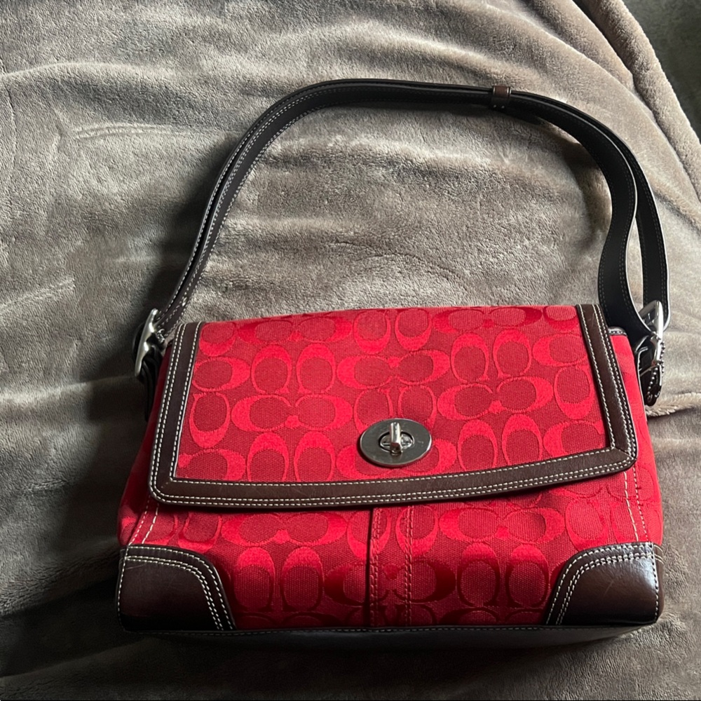Coach Red Signature Shoulder Bag with Brown Trim